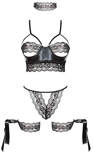 4-tlg. Latex-Set Wetlook BH-Top Spitze String, Augenmaske und Handschnallen in schwarz von Beauty Night Dessous (S/M)