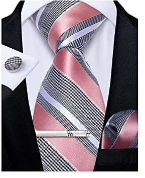 DiBanGu Cravate pour homme en soie unie tissée à rayures avec mouchoir, boutons de manchette, pince à cravate, Rose/gris, M