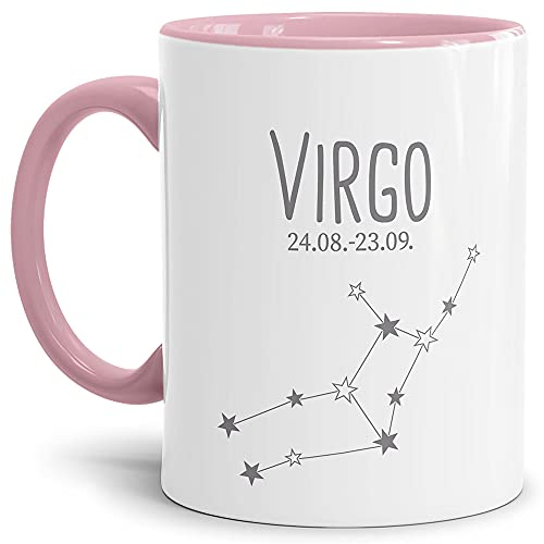 Sternzeichen Tasse Jungfrau - Sternbild Kaffeetasse mit Spruch - Geschenk zum Geburtstag, Horoskop, Astronomie, Tierkreiszeichen - Keramik Innen & Henkel Rosa, 300 ml I Jungfrau