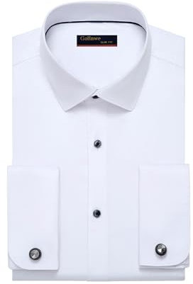 Gollnwe Men's French Cuff Dress Shirt Slim Fit Stretch Solid Long Sleeve Shirts Bussiness Formal White M