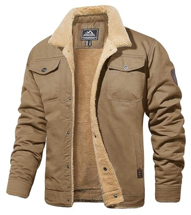 MAGCOMSEN Mens Trucker Jackets Casual Winter Thermal Coats Fleece Lined Military Cargo Coat Warm Combat Windproof Outdoor Jacket,Khaki,S