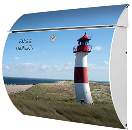 banjado® Burgwächter® Briefkasten weiß aus Stahl mit Motiv Leuchtturm/Briefkasten mit Namen personalisierbar/Briefkasten ohne Zeitungsfach mit Kippdach & Öffnungsstopp, 2 Schlüssel