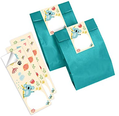 12 Geschenktüten (Petrol) + 12 Aufkleber Koala für Mitgebsel Gastgeschenk beim Kindergeburtstag Mädchen Jungen