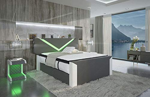 Sofa Dreams Boxspringbett Lyon in Leder mit Stauraum und moderner LED Beleuchtung Licht einstellbar Bett in Allen Größen (200 x 200 cm, grau-Weiss)