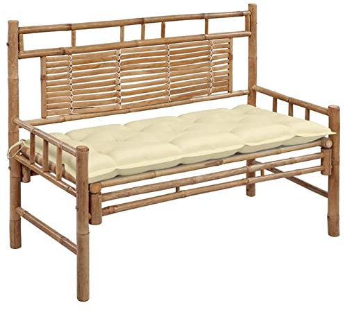 Gecheer Gartenbank mit Cremeweiß Auflage Parkbank Sitzbank aus Bambus Terrassenbank Balkonbank Gartenmöbel Bank für Balkon, Terrasse & Garten, 120 cm Bambus