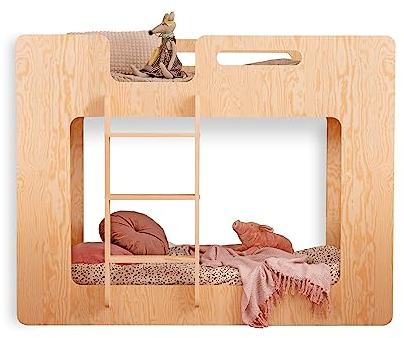 smartwood Mimi L - Leiter Links Etagenbett 90x180 mit Lattenrost und Rausfallschutz - Kinderbett für Jungen und Mädchen - Montessori Bett mit Rausfallschutz und Lattenrost Natural Holz 180x90 cm