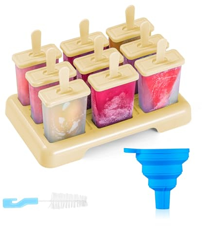 ANSMIO Eisformen 9 Eisförmchen wiederverwendbar Eis am Stiel Formen Eiscreme Formen DIY Ideen Eis am Stiel BPA Frei - kommt mit einer Reinigungsbürste und Silikon Falttrichter(Neu Beige)