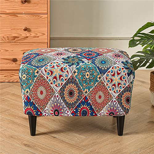 Highdi Ottomane Schonbezug Hockerbezug für Rechteckig Fußhocker, Ottomane Hocker Bezug mit Elastischer Boden, Vintage Luxus Antirutsch Abnehmbarer Sofa Fußhocker Bezug (Mandala)