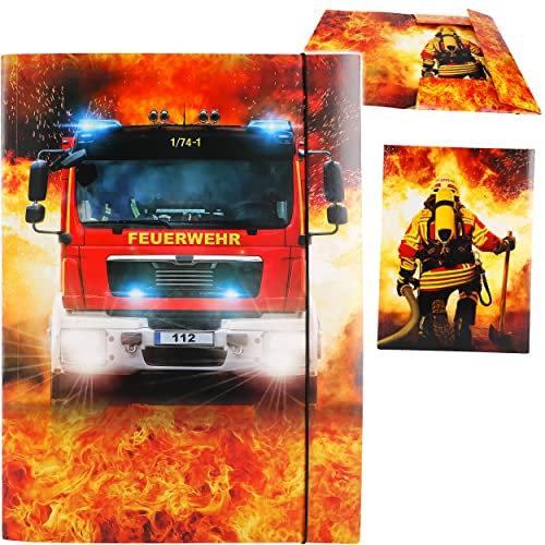 alles-meine.de GmbH große A3 - Zeichenmappe/Sammelmappe - Feuerwehr - Feuerwehrmann & Feuerwehrauto - Ordner - 44 cm - Mappe für Hefte Zeitschriften Zeichnungen - Gummizugmap..