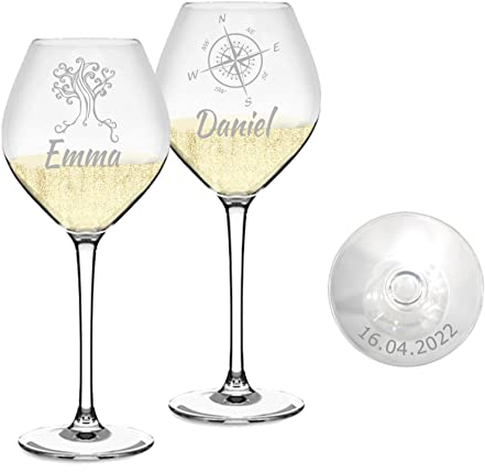 MASTERLASER3.0 Verre à vin personnalisé, mousseux, prosecco et coupe à champagne, gravé, personnalisable avec nom, initiales, date et différents caractères. Idée cadeau