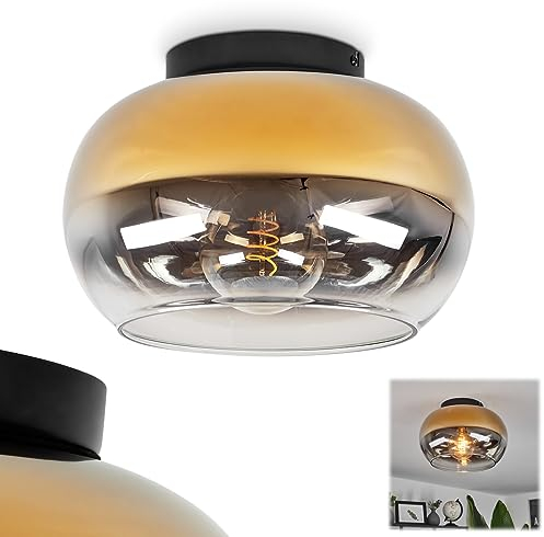 Deckenleuchte Molloy, moderne Deckenlampe aus Metall/Glas in Schwarz/Rauchfarben/Gold/Klar, 1-flammige Leuchte im Retro/Vintage-Design mit Schirm aus Glas (Ø 31 cm), 1 x E27, ohne Leuchtmittel