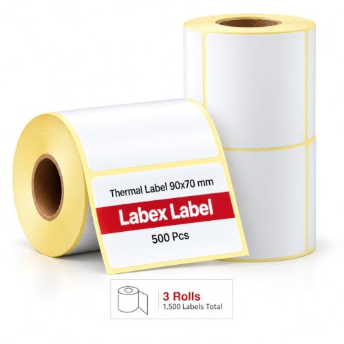 Thermoetiketten 90x70 mm auf Rolle – Palettenzettel Kartonetiketten – 3 Rollen 1500 Etiketten – Thermodirekt ohne Farbband – kompatibel mit Zebra, TSC, Godex – Labex Label