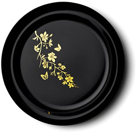 Decor Decorline - Set Piatti Plastica Rigida Riutilizzabili da 20 pezzi/per 10 persone - Edge Collezione - Nero con fiori d'oro - Piatti dessert & Piatti pranzo - 2 misure (10x 26cm, 10x 21cm)
