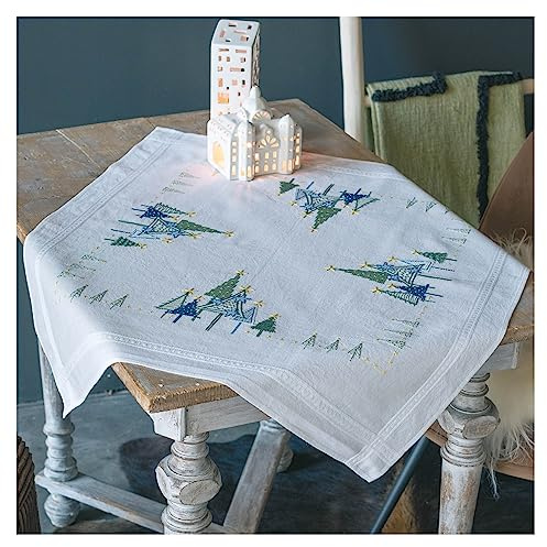 Vervaco Stickpackung Tischdecke Sticken Set Erwachsene Vorgedruckt Moderne Kiefern Stickdecken Vorgezeichnet Decke Sticken Stickpackung Plattstich 80 x 80 cm Stickset Kreatives Geschenk