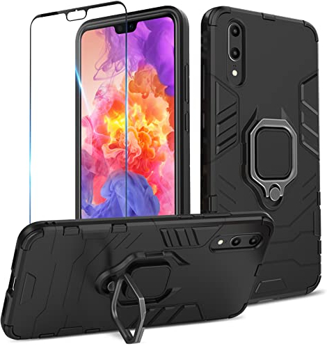 Btstring Hülle kompatibel mit Huawei P20 mit Schutzfolie, Militär Standard Cover Case Standfunktion Handy Hüllen Schwarz