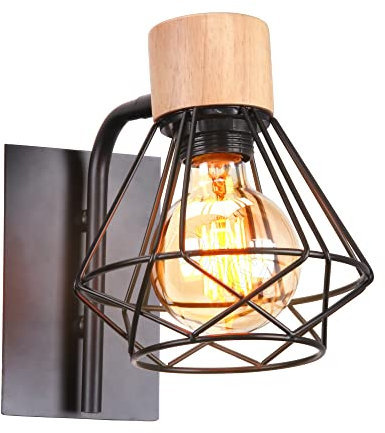 iDEGU Wandleuchte Industrielle E27 Wandbeleuchtung Innen Einstellbar Wandlampe aus Holz und Eisen Käfig-Design Schwarz Vintage Lampe für Schlafzimmer, Wohnzimmer, Küche, Esszimmer