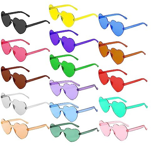RUNMKUO 16 Paar Herz Party Brillen,transparente, bonbonfarbene Gläser,Hippie Herzförmige Brille, Herzbrille, Retro Party Sonnenbrille