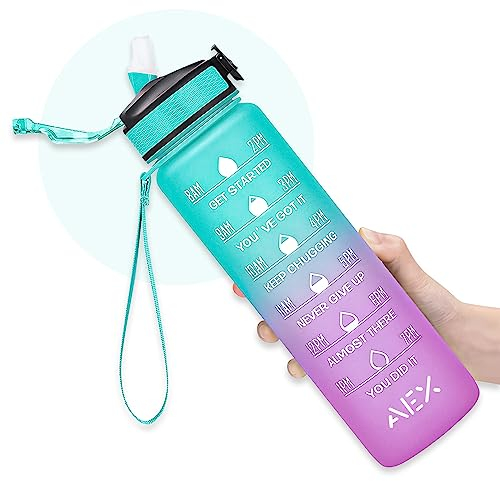 AEX Sports Water Bottle with Straw – 1 Litre Leakproof Plastic Water Bottle for Fitness and On-the-Go - Motivational Time Marker Leak-Proof Tritan BPA-Free (Green-Pink)