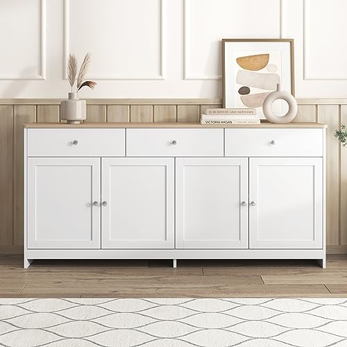 Dolamaní Kommoden 160cm mit 3 Schubladen und 4 Türen, Sideboard Wohnzimmer, Esszimmer Mehrzweckschrank, Weiß (160x75x37)