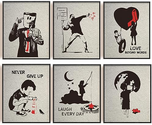 INFUNLY 6-Teiliges Banksy-Leinwandbild Banksy-Wandkunst-Set Banksy-Straßen-Graffiti-Kunst Wanddekoration Modernes Leinwandkunstwerk Inspirierende Zitate Raumdekoration Für Schlafzimmer Wohnzimmer