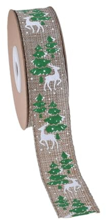 Weihnachtsbänder mit Drahtrand, 8 Yards Hirsch & Weihnachtsbaum Muster Jutebänder, Weihnachten Dekoband für DIY Festival Dekoration Geschenkverpackung Schleifen Herstellung (Natürlicher Rentier
