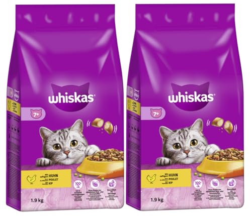 WHISKAS 7+ mit Huhn Katzenfutter Trockenfutter (2x1,9kg, Huhn)