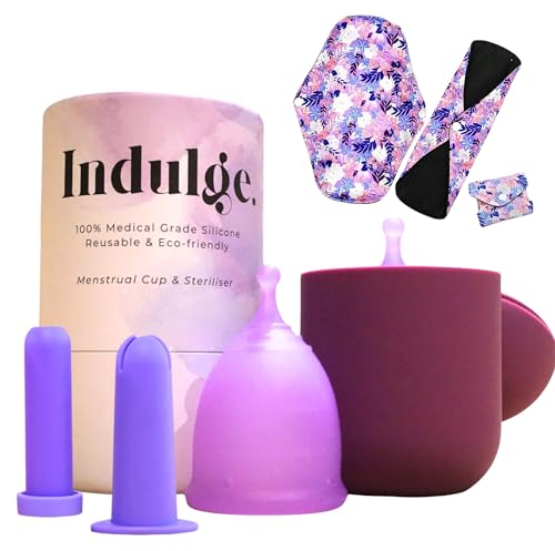 Indulge 5 PCS Reusable Menstrual Cup Set – Silicone Period Cup, Microwave Steriliser, Water Based Lube, Panty Liners, Eco-Friendly Alternative to Tampons & Sanitary Towels, Small, Pack of 1, Purple