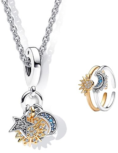 Schmuckset für Damen und Mädchen Sonne Mond Ringe Silber Charms Bead Pendant Set Himmlisches Gold/Silber Sonne und Mond Ringe mit Cubic Zirconia Urlaub Charm Anhänger für Armband und Halsketten