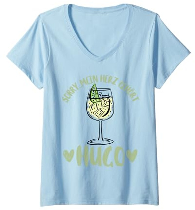 Damen Mein Herz Gehört Hugo Spritz Sekt Holunderblüte Wein Sommer T-Shirt mit V-Ausschnitt
