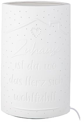 GILDE Tischleuchte Zuhause Herz Porzellan weiß mit Spruch Höhe 28,5 cm Lampe Beleuchtung Dekoration Wohnaccessoire