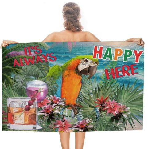 CustonCares Strandtuch mit Aufschrift It's Always Happy Here, kompakt, leicht, sandfrei, Ara, Sommer, hawaiianischer Tukan, Badetuch, Strand, Badetücher, Badetücher, Badetücher