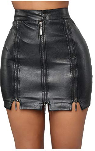 Damen Rock Kunstleder Mini Röcke mit Reißverschluss Hohe Taille Rock Sexy Wrap Bodycon Rock PU Schwarz Bleistiftrock Wetlook Rock Chic Damen Sommer Casual Stretch Slim Fit Rock Clearance Plus Size,