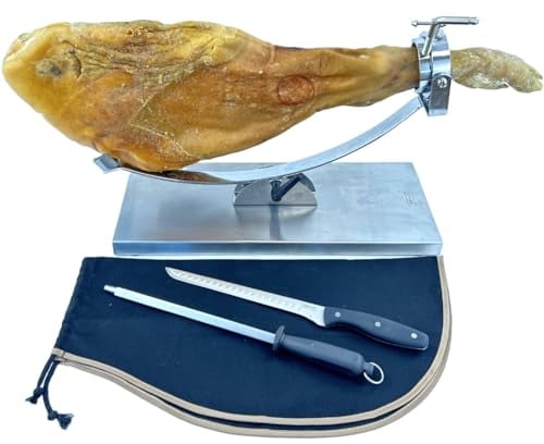 NERTHUS FIJ 1449 Jamonero Jamonero Basculante y Cabezal Giratorio de Acero Inoxidable + Cubre Jamon Negro + Afilador manual + Cuchillo Jamonero