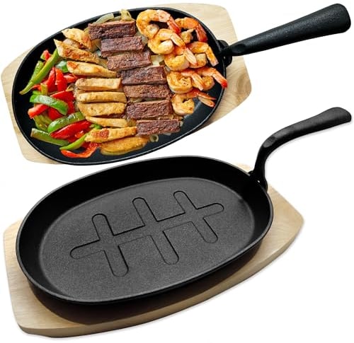 andrew james Pre-Seasoned Cast Iron Skillet Pan with Wooden Base, Grilling Griddle Pan Ideal for Cooking, Searing, Sautéing, and Serving – Versatile Steak Skillet for Stove Top, Hob, Oven & Grill Use