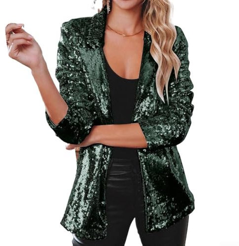 Glänzender Paillettenblazer, modisch, lässig, Party, Revers, Jacke, schimmernd, Glitzer, Oberbekleidung, Mantel, Rave, Oberbekleidung, Blazer (XXXL, Dunkelgrün)