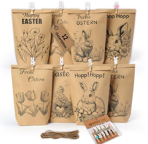 Goldziples 12 Ostertüten zum befüllen - Geschenktüten Ostern Set mit Motiv Hasen, Blumen und Küken - Ostern Papiertüten mit Holzklammern - ideale Mitgebsel Geschenkidee oder Oster Dekoration