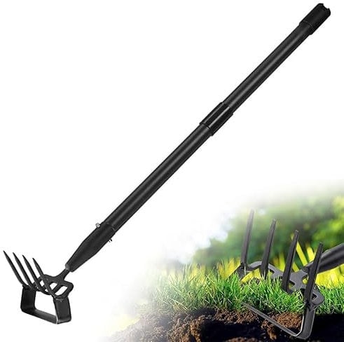 Azada de jardín, 94cm azada de estribo 2 en 1, herramientas de jardín con punta de 4 dientes, azada de hula con mango largo ajustable para malas hierbas, aflojamiento de tierra