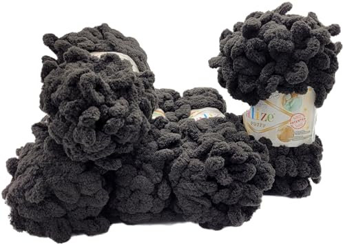 500 Gramm Puffy Schlaufenwolle Ilkadim Export, 5 x 100 Gramm Fingerstrick - Wolle super bulky, Schlaufenwolle, Strickwolle, Stricken ohne Nadel (anthrazit 1060)