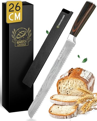 KRUSTENZAUBER Brotmesser mit Wellenschliff für müheloses Schneiden von Brot | Scharfes 26cm Brotschneidemesser für sauberes Brot schneiden ohne Zerdrücken, Sägemesser Brot mit rostfreie Edelstahl-Klinge