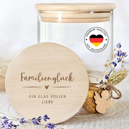 Grandora Vorratsglas Familienglück Geschenkidee für Muttertag Oma Opa Aufbewahrungsglas mit Holzdeckel Persönliches Geschenk für Familie XHG1027-7-S