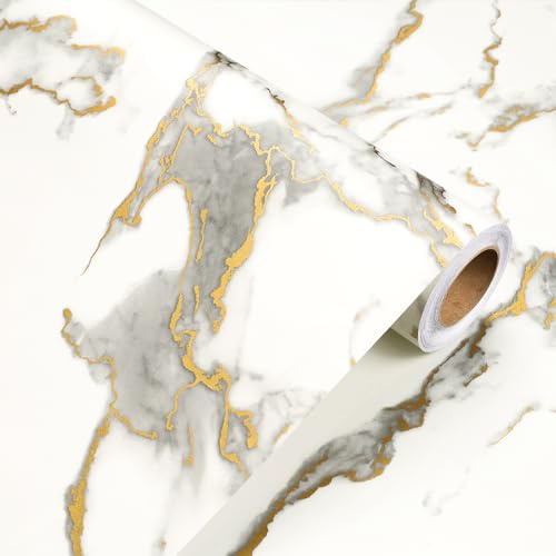 YENHOME Papier Peint Adhesif Effet Marbre Blanc et Doré 40x300cm Papier Peint Autocollant en Vinyle pour Cuisine Salon Chambre à Dormir Autocollants pour Meubles Imperméable Plan De Travail Cuisine