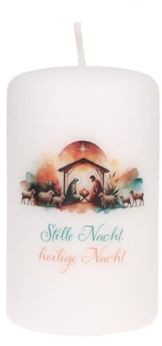 Butzon & Bercker Adventskerze mit Krippenmotiv, 10x6 cm Weihnachtskerze | Stumpenkerze Stille Nacht, heilige Nacht mit 28h Brenndauer - Tischschmuck und Geschenkidee für den Adventskranz