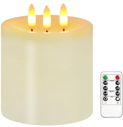 Large 3 Wick Flameless Candles, 4x4 Flickering Flameless Candles with Remote & Timer, Dimmable Real Wax LED Candles Battery Operated, Electric Pillar Candles for Home Wedding Christmas Decor (Lvory)