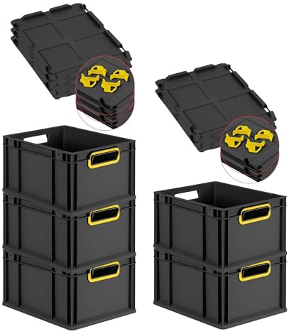 PROREGAL SparSet 5x Eurobox NextGen Color mit Auflagedeckel & Schiebeschnappverschlüsse, HxBxT 22x30x40cm, 20L, Schwarz, Griffe gelb offen, Eurobehälter, Transportbox, Transportbehälter