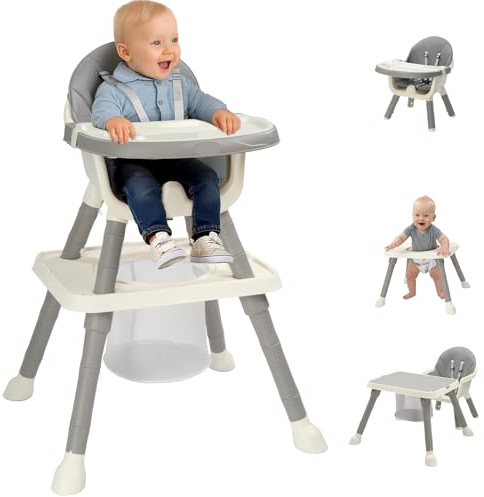 LEADZM 7 en 1 Chaise Haute Bébé, Ensemble Table et Chaise Convertibles - Table à Jouets et Tableau des Blocs de Construction, Double Plateau Amovible, avec Panier de Rangement (Gris)