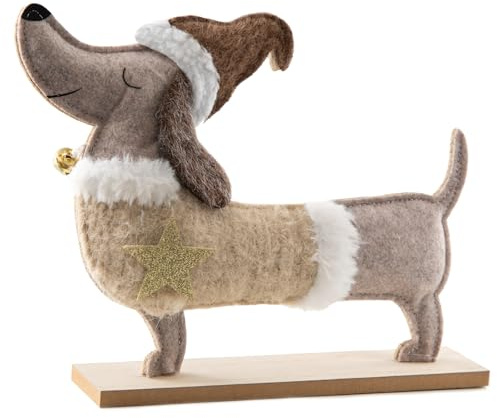 Logbuch-Verlag Dekofigur Dackel Weihnachten – Hund aus Filz auf Holzsockel mit Glöckchen & Stern – Weihnachtsdeko in Beige, 27 cm breit