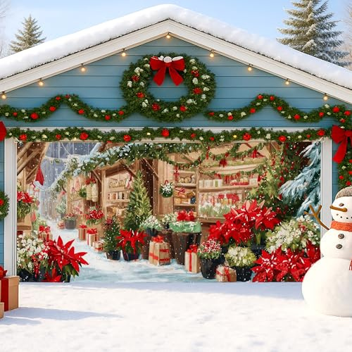 Festliche Garagentorabdeckung mit Weihnachtsstern, große Vintage-Weihnachtsdekoration, für Innen- und Außenbereich, Winterdekoration, 390 x 180 cm
