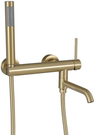 PHASAT Wandmontage Badewannenarmatur mit Handbrause Badewannenarmaturen mit 90°drehbarer Auslauf Einhand Duscharmatur Gebürstetes Gold Mischbatterie Badewanne Set PTBG26E