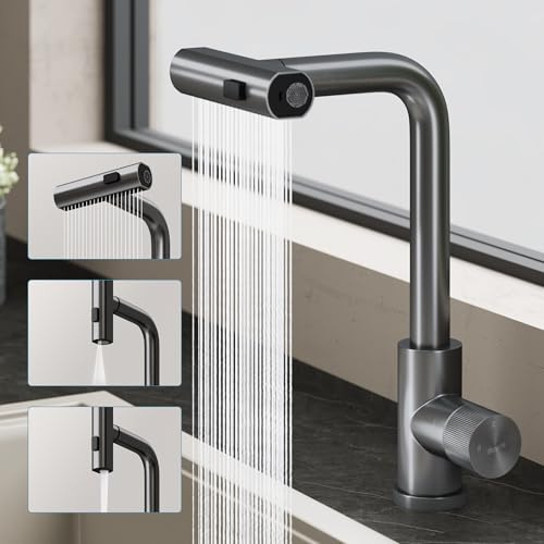 doporro Wasserhahn Küche ausziehbar, Küchenarmatur Grau mit Wasserfall | Hochdruck Armatur Küche mit Brause, 3 Strahlarten, 360 Grad drehbar, Spültischarmatur Küche aus 304 Edelstahl Turnix-02
