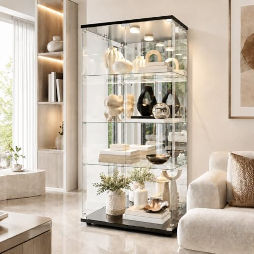 Glasvitrine Standvitrine mit Led, Sammlervitrine stehend mit 2 Glastüren abschließbar und 4 Böden Vitrinenschrank Transparente Vitrine Glas für Wohnzimmer Büro Sammlerstücke Bücher Wein (Schwarz)
